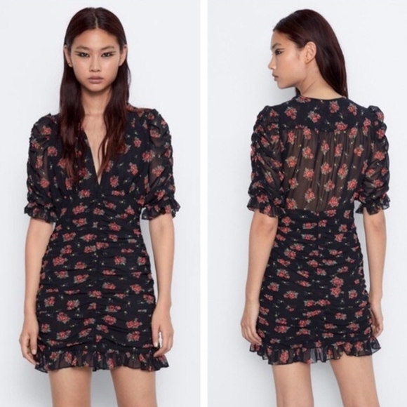 Zara Black Floral Plunge Neck Ruched Dress Size XL NWT - Picture 1 of 14